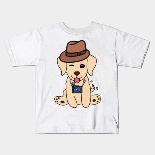 Funny golden retriever is holding a camera Kids T-Shirt